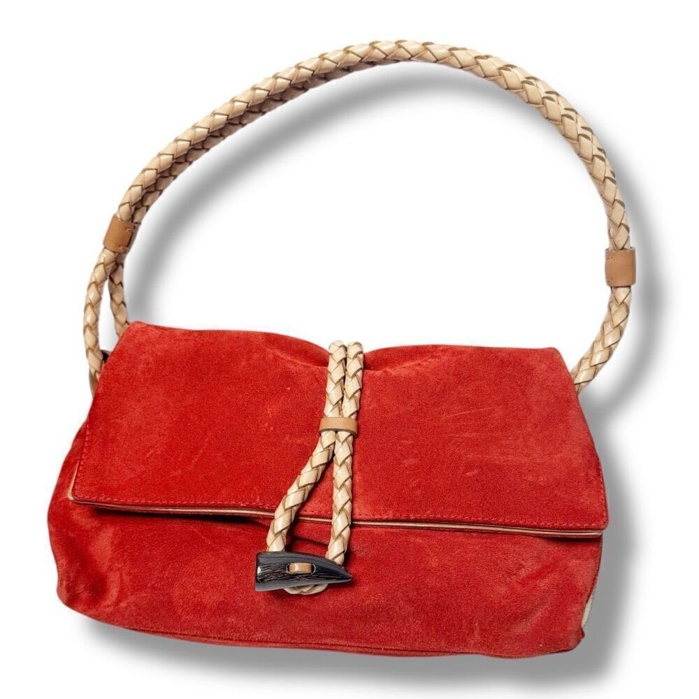 BURBERRY Suede Haymarket Check Horn Toggle Braided Leather Shoulder Bag Red